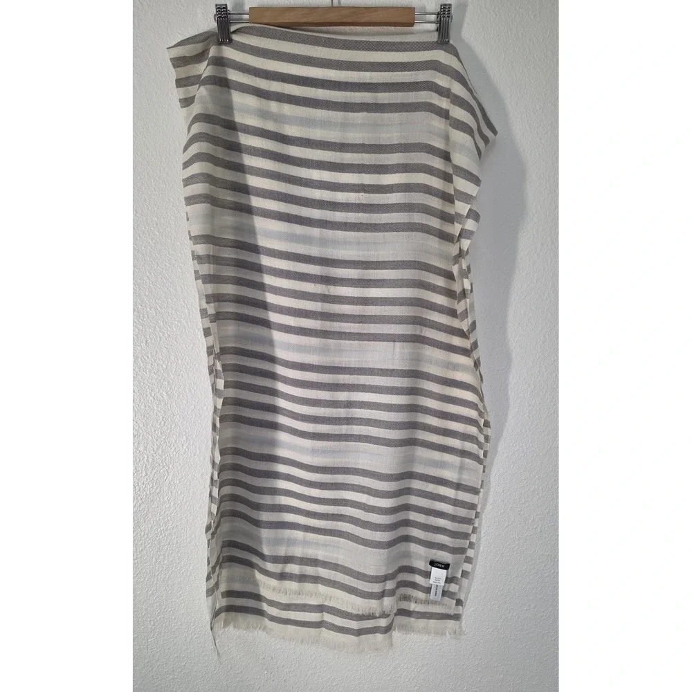 J.Crew Wool Scarf Grey White Striped Rectangle Wrap Shawl Stole Classic